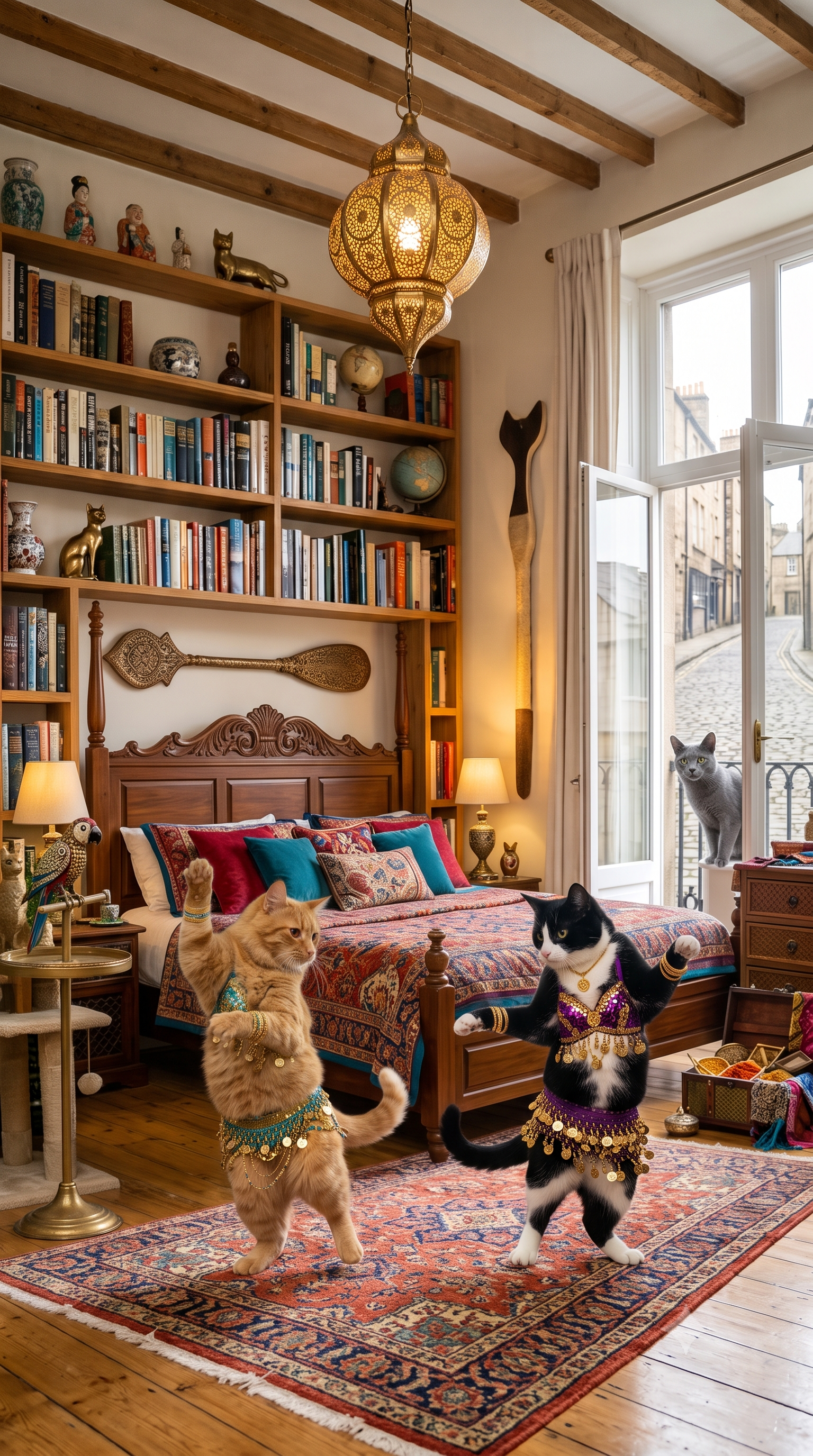 Cute Cats Doing Belly Dance in a Cozy Bedroom